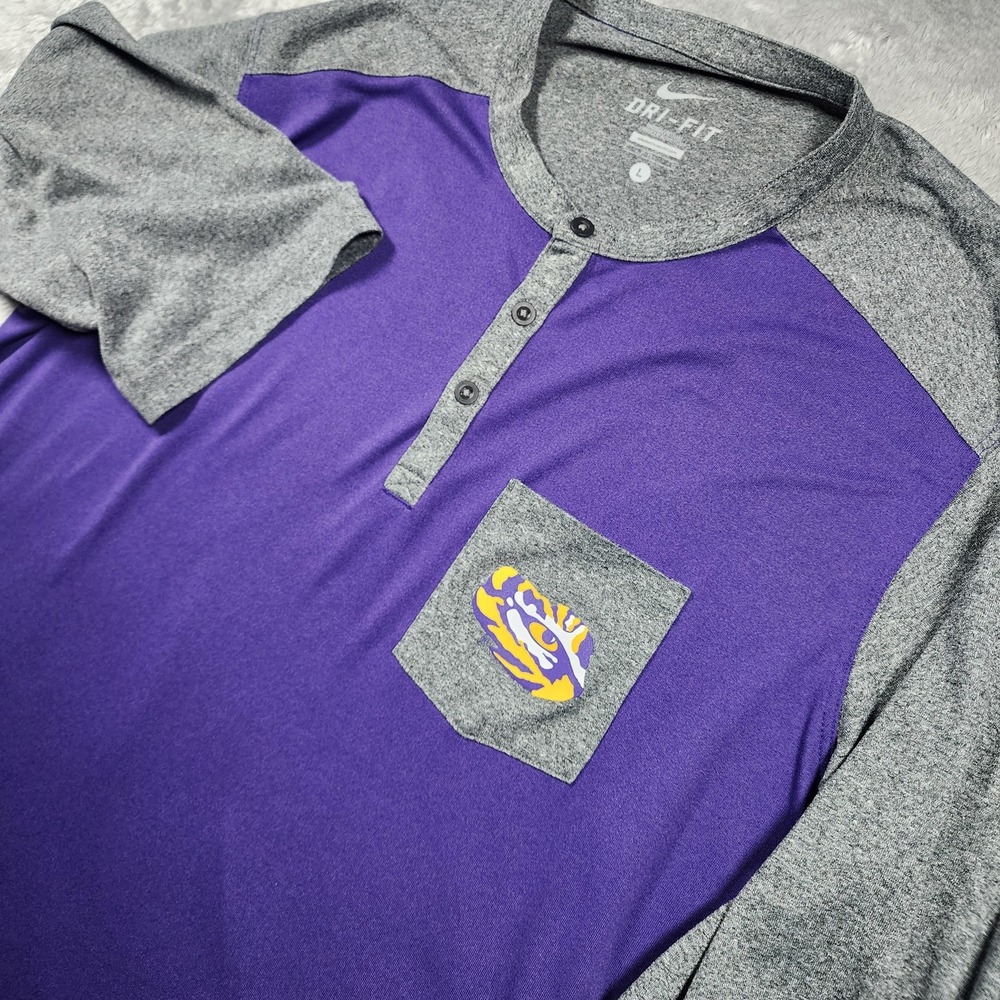 LSU‎ Tigers Shirt Mens Large Purple Gray NCAA Football Nike Dri-FIT Henley